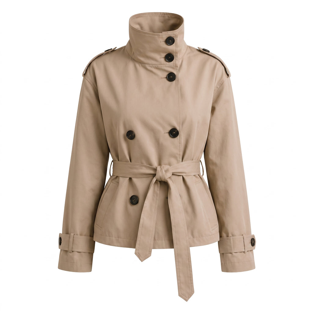 Cropped Trench Coat Double-Breasted High Collar Tie Belt - studio