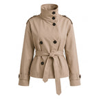 Cropped Trench Coat Double-Breasted High Collar Tie Belt - studio