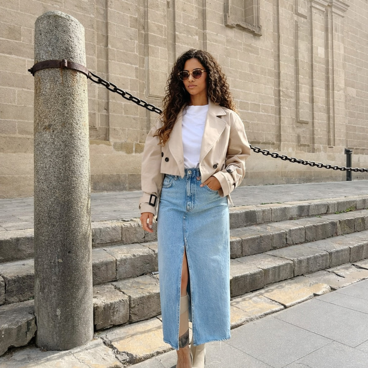 Cropped Trench Coat with Relaxed Fit and Lapel Collar - Image 1