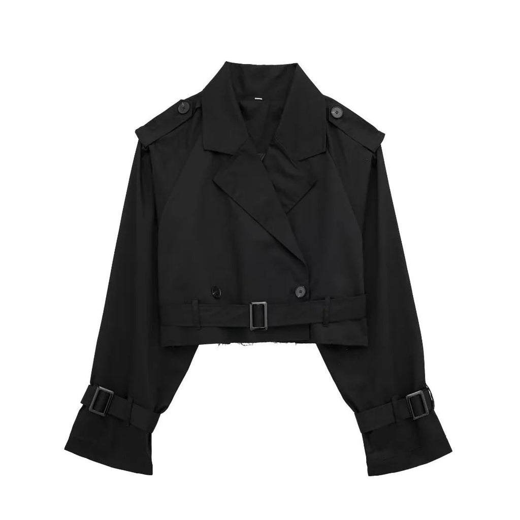 Cropped Trench Coat with Relaxed Fit and Lapel Collar - Image 10