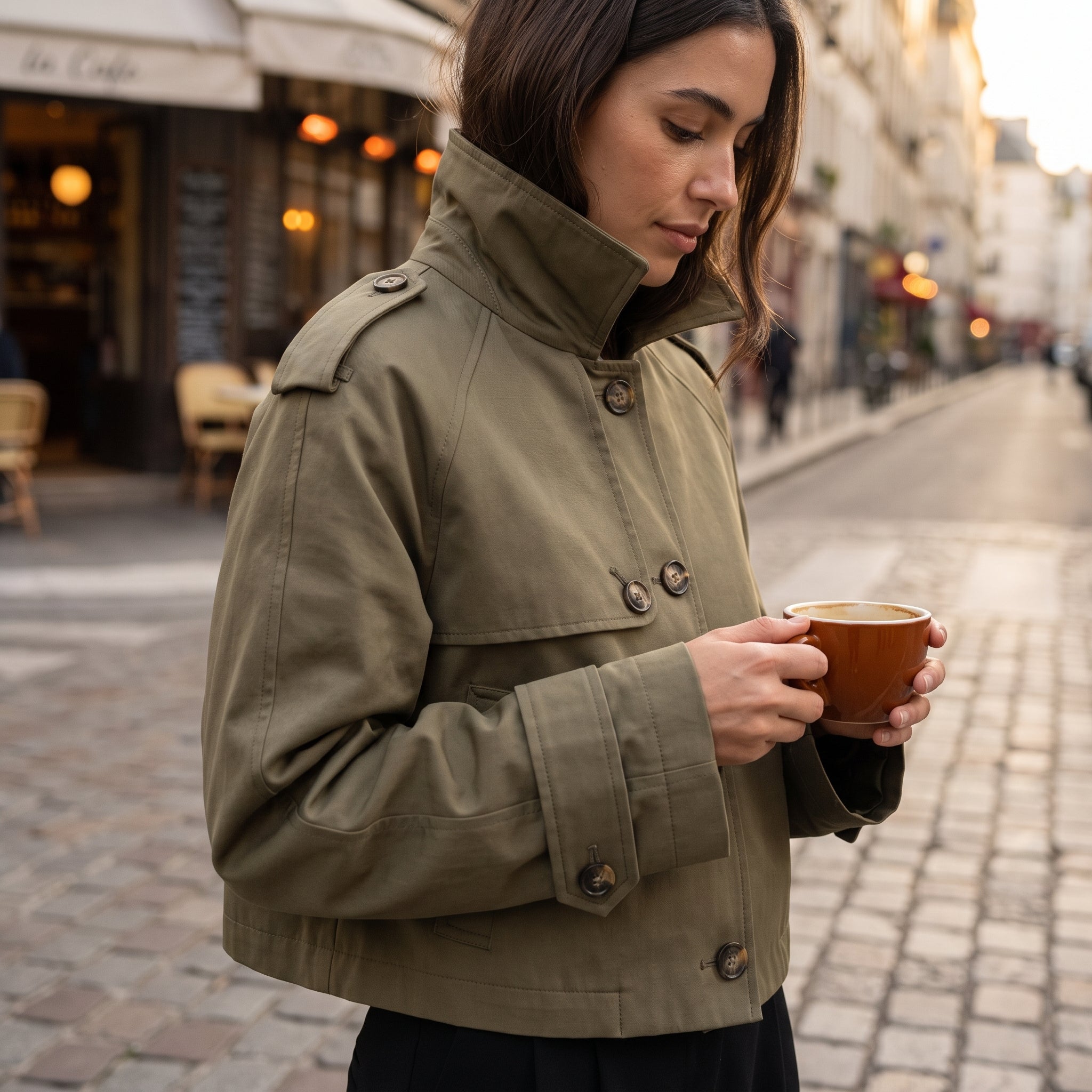 Cropped Trench Coat With Dropped Shoulders - in-use