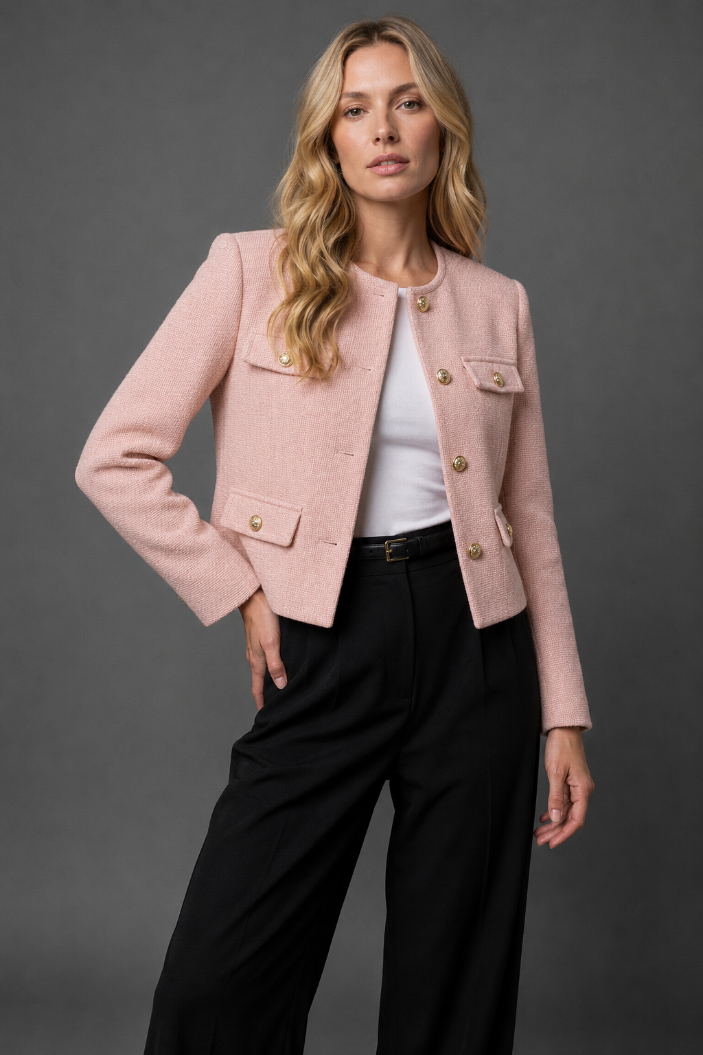 Cropped Tweed Blazer Finished With Gold Buttons - Image 10