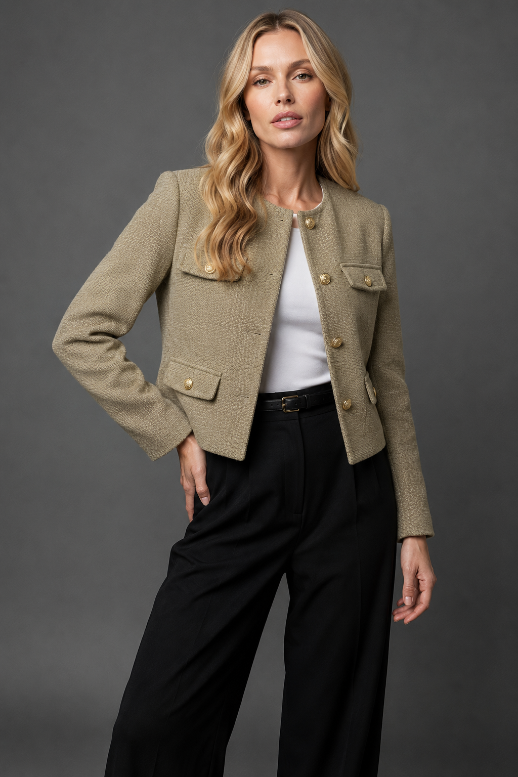 Cropped Tweed Blazer Finished With Gold Buttons - Image 11