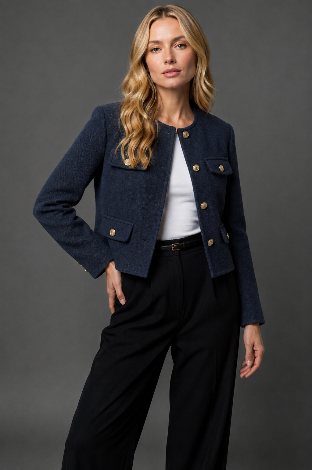 Cropped Tweed Blazer Finished With Gold Buttons - Image 5