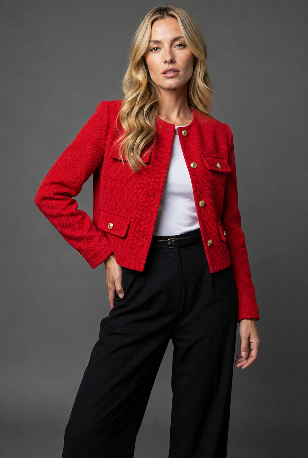 Cropped Tweed Blazer Finished With Gold Buttons - Image 8