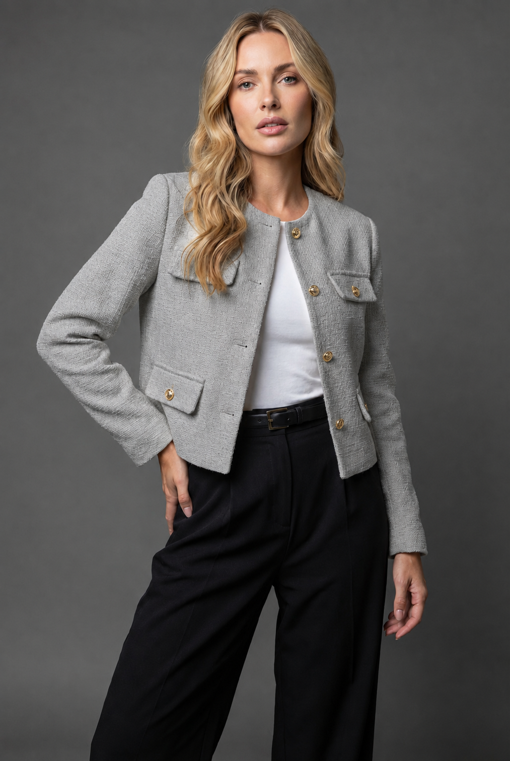 Cropped Tweed Blazer Finished With Gold Buttons - Image 9