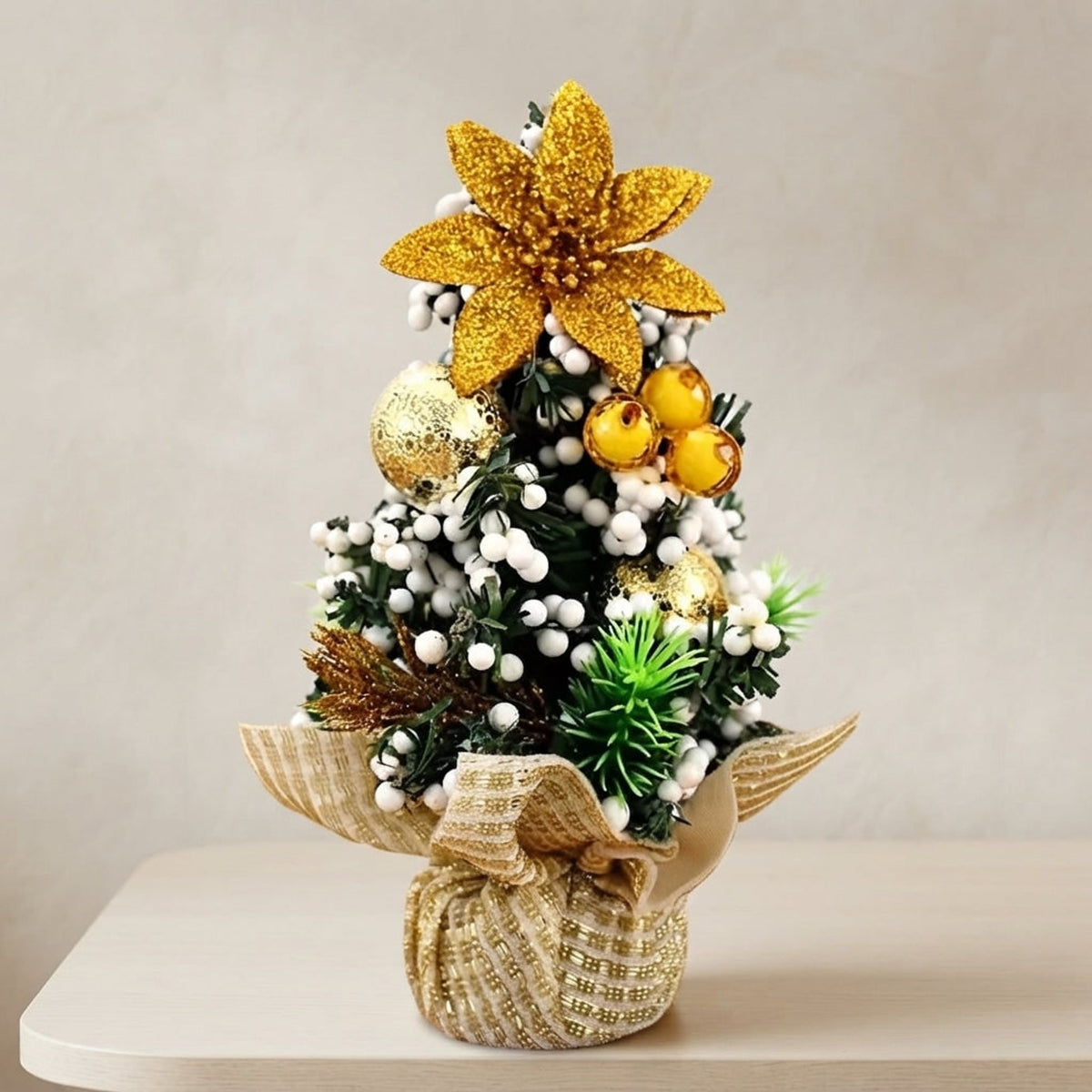 Decorated Mini Christmas Tree Set Of Three Artificial Fir Trees With Berries And Baubles - Image 1