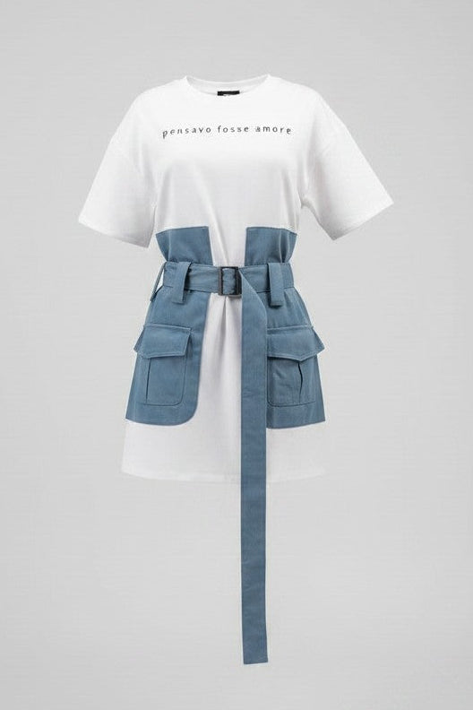 NOVA | Denim White Mini Dress – T-Shirt Denim Dress with Belt & Utility Pockets