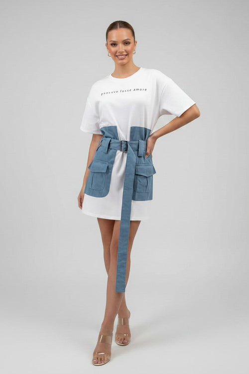 NOVA | Denim White Mini Dress – T-Shirt Denim Dress with Belt & Utility Pockets