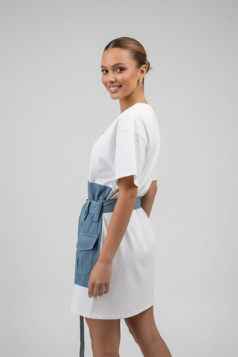 NOVA | Denim White Mini Dress – T-Shirt Denim Dress with Belt & Utility Pockets