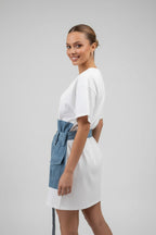NOVA | Denim White Mini Dress – T-Shirt Denim Dress with Belt & Utility Pockets
