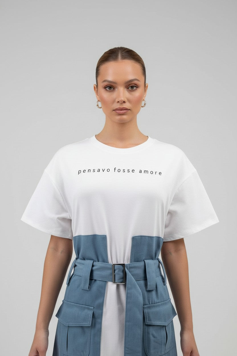 NOVA | Denim White Mini Dress – T-Shirt Denim Dress with Belt & Utility Pockets