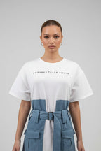 NOVA | Denim White Mini Dress – T-Shirt Denim Dress with Belt & Utility Pockets