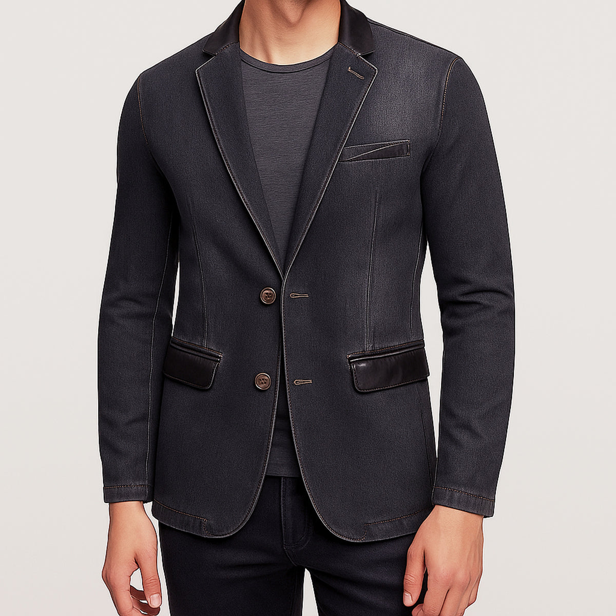 Denim Blazer with Relaxed Button-Up Fit and Leather Trim - Image 9
