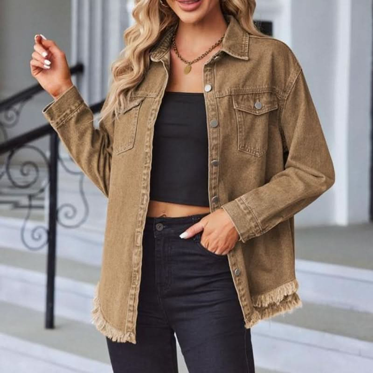Denim Jacket with Flattering Button Front and Frayed Hem - Image 3