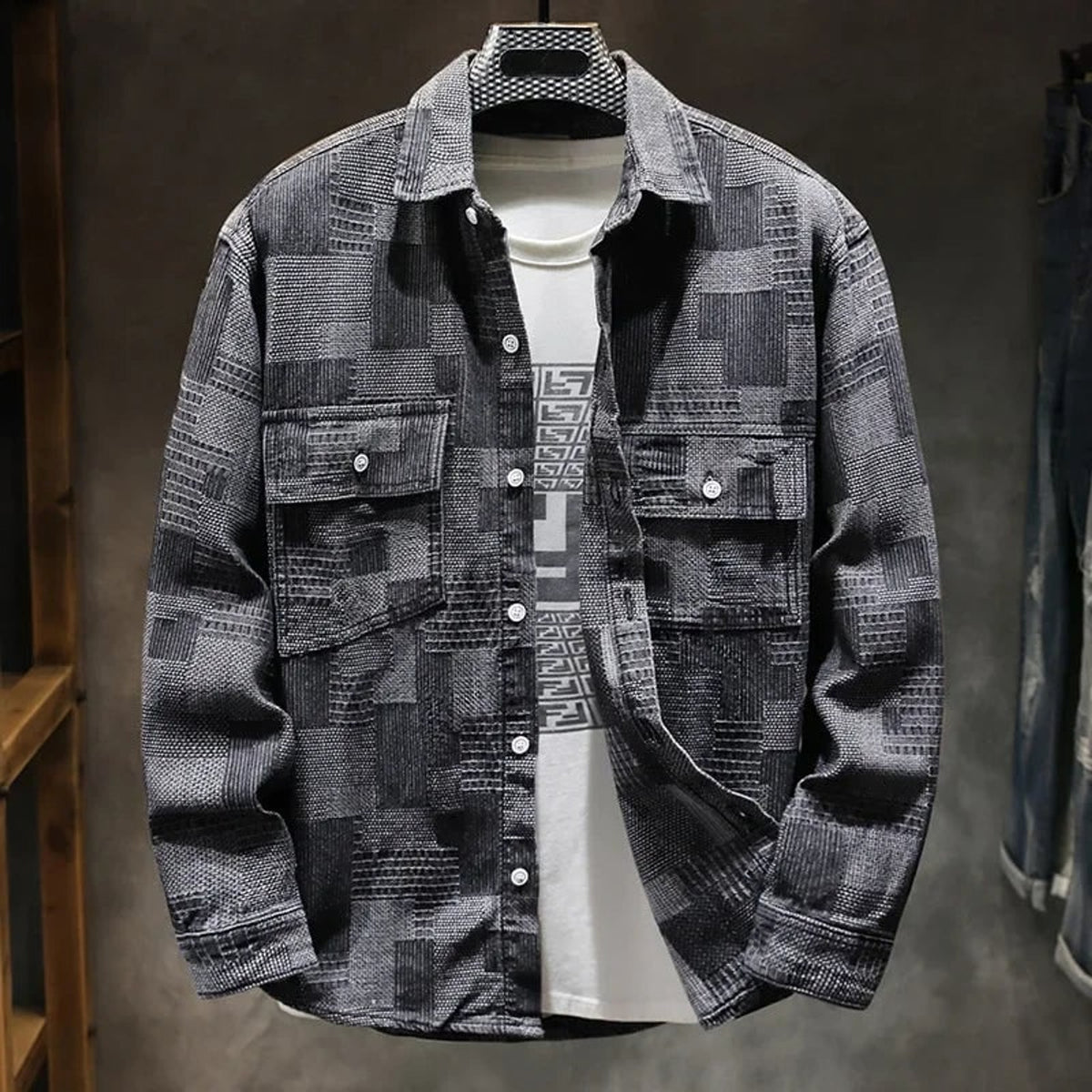 Denim Jacket with Relaxed Shirt Fit and Checkered Pattern - Image 3