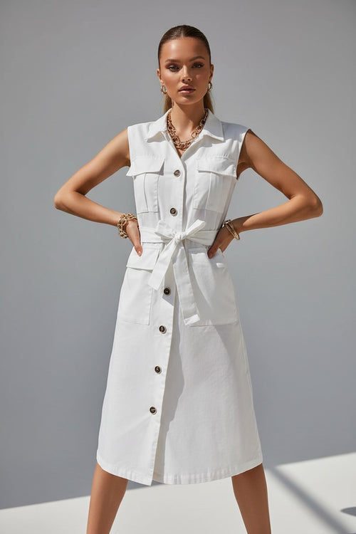 NOVA | Women’s White Denim Midi Dress – Sleeveless Button Front Belted