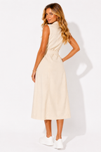 NOVA | Robe midi en denim blanc pour femmes – Sans manches, boutonnée devant avec ceinture