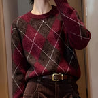 Diamond Check Knit Jumper with Cosy Round Neck and Texture - Image 1