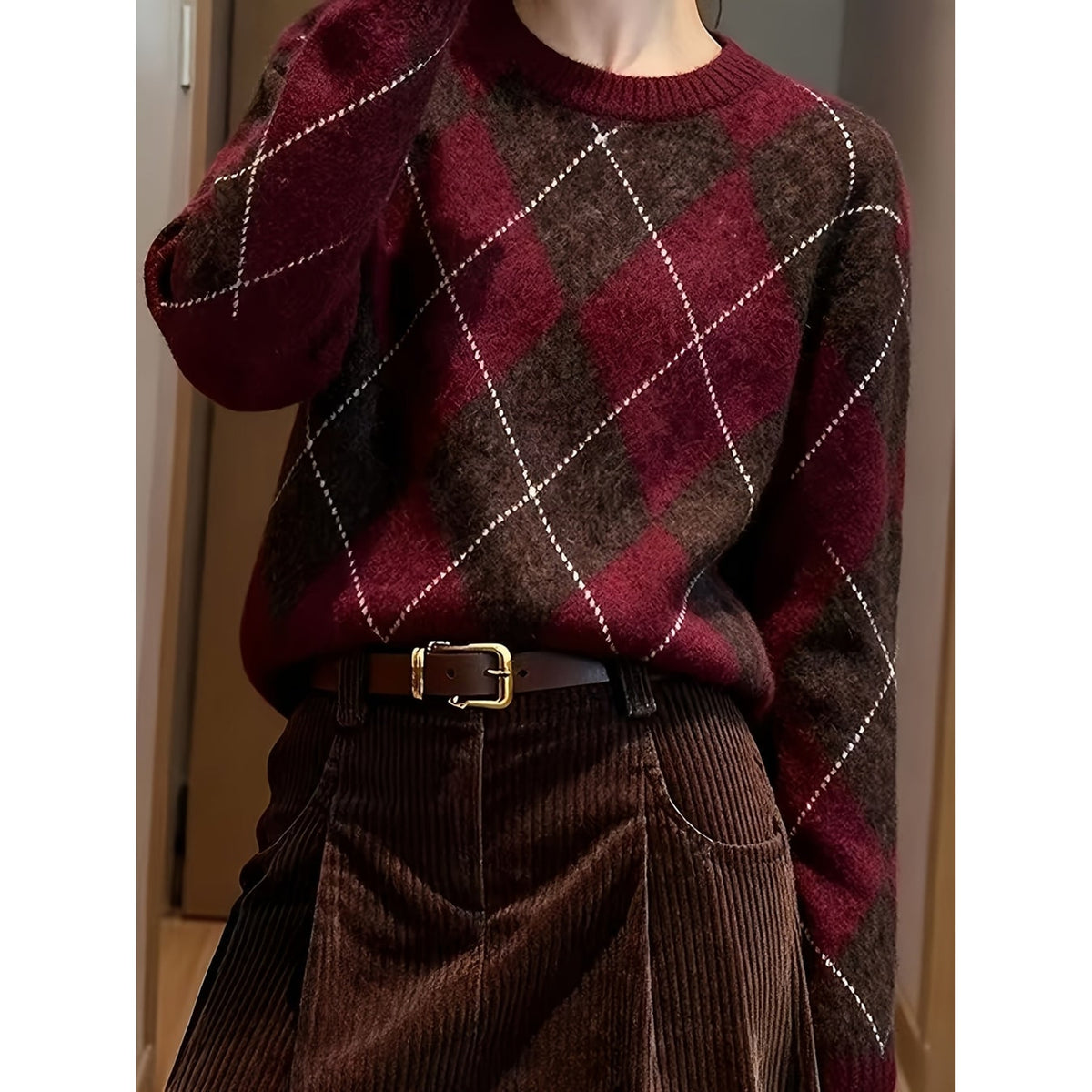 Diamond Check Knit Jumper with Cosy Round Neck and Texture - Image 2