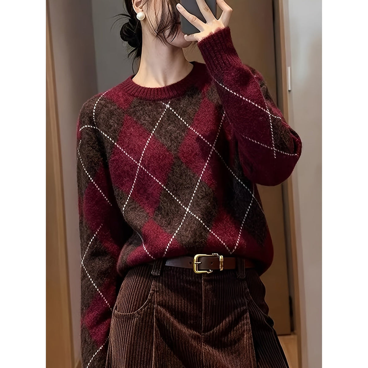 Diamond Check Knit Jumper with Cosy Round Neck and Texture - Image 3