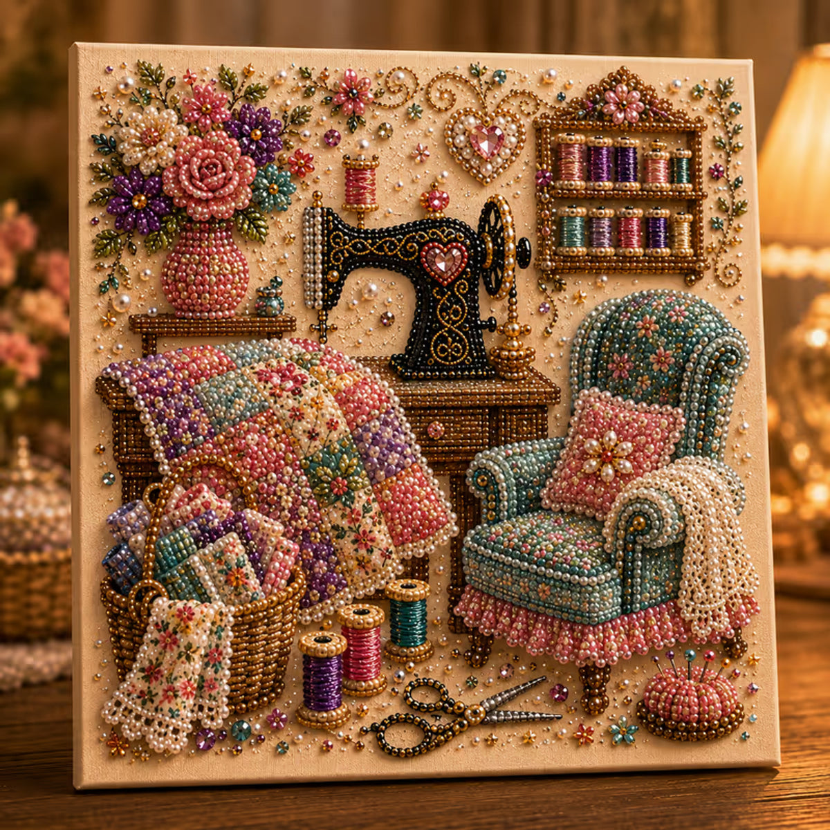 Diamond Painting Kit With Pearls And Special-Shaped Gems Vintage Sewing Scene - Image 3