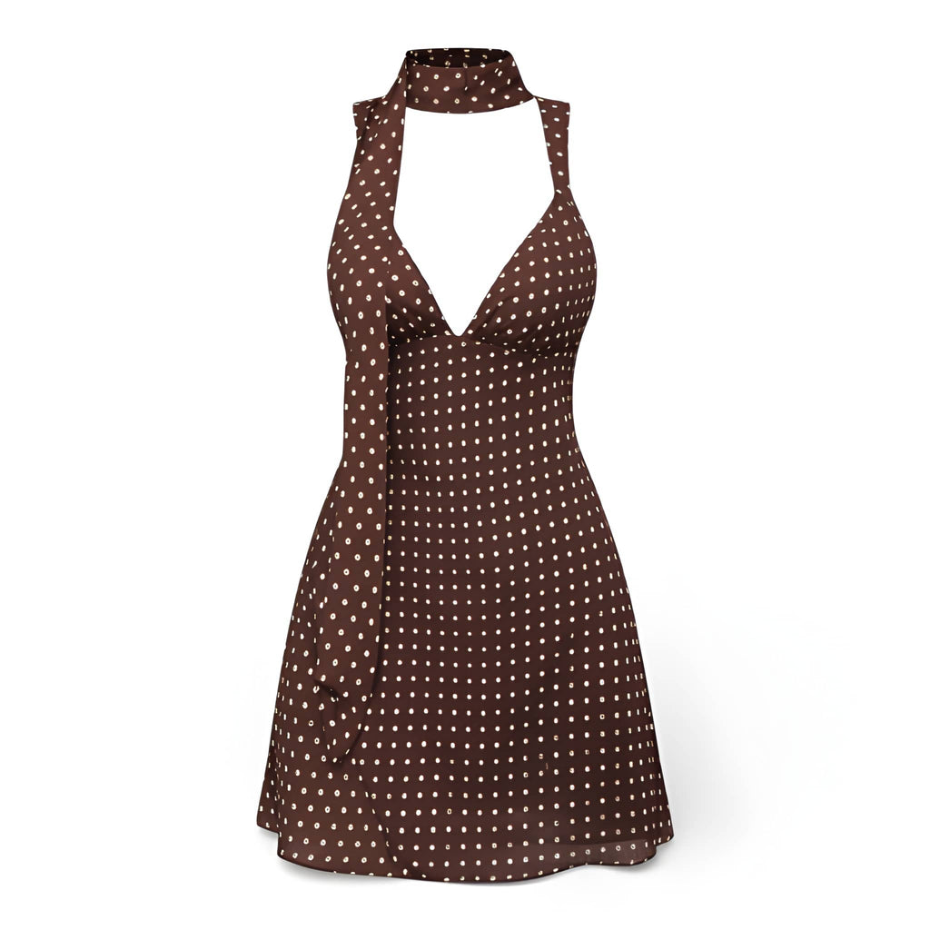 NOVA | Robe mini marron à pois à col licou pour femmes – Robe de fête d’été à décolleté plongeant