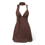NOVA | Robe mini marron à pois à col licou pour femmes – Robe de fête d’été à décolleté plongeant