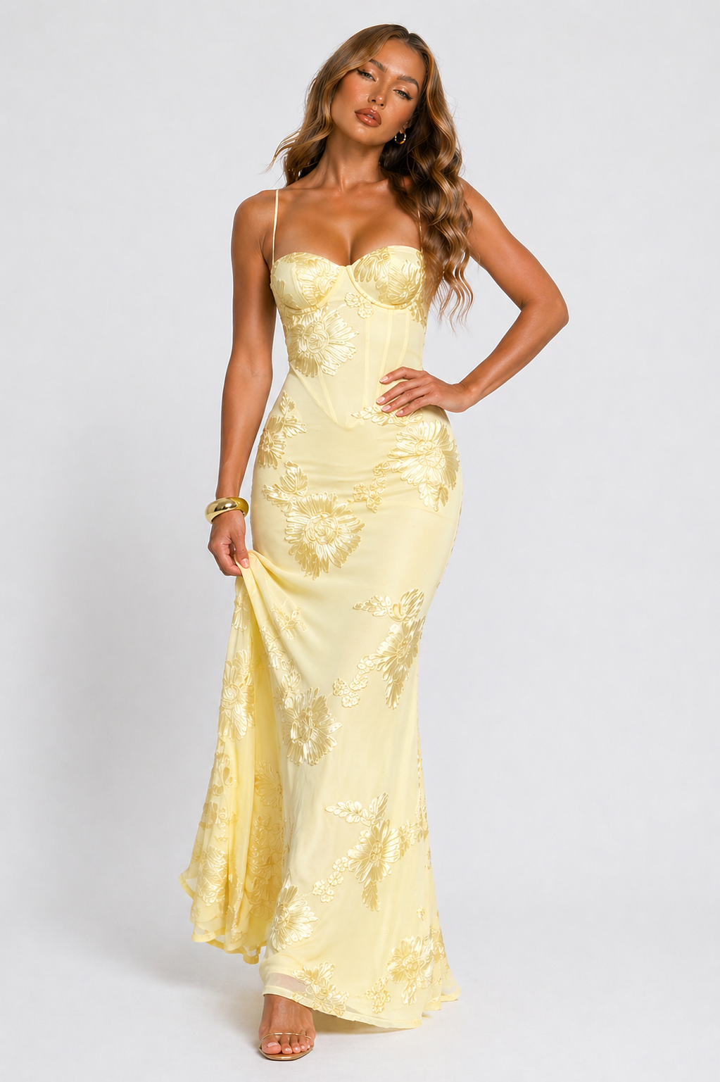 NOVA | Women's Floral Jacquard Maxi Dress | Elegant Corset Evening Gown