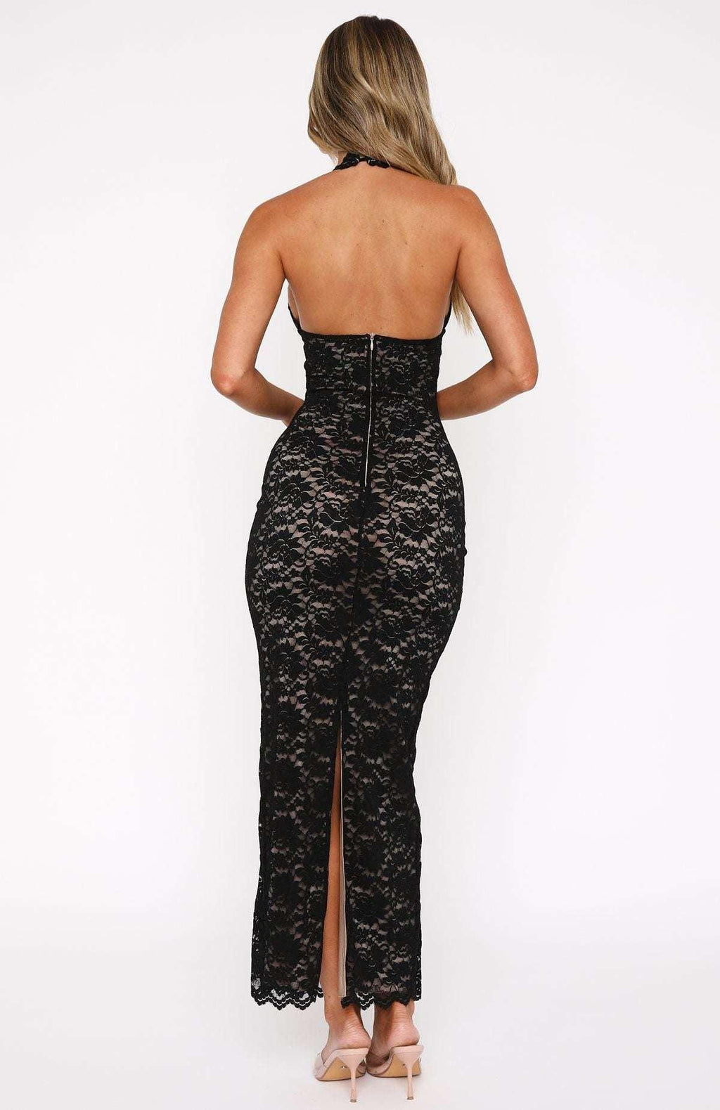 NOVA | Women’s Lace Maxi Dress – Halter Neck Backless Bodycon Dress with Split, Evening & Wedding Guest Dress