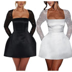 NOVA | Women’s Satin Mini Dress Square Neck Mesh Sleeves