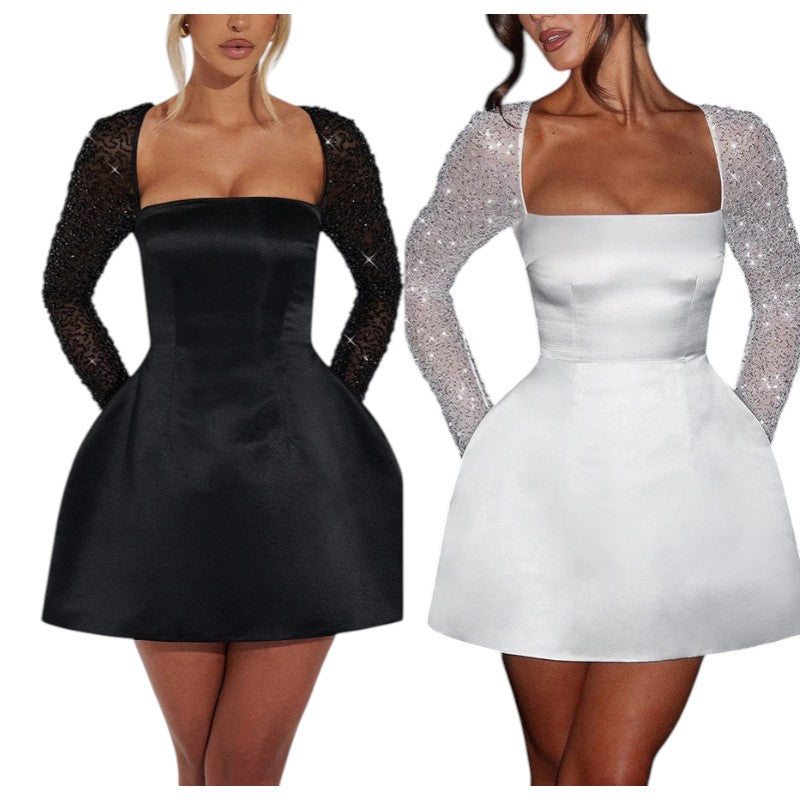 NOVA | Women’s Satin Mini Dress Square Neck Mesh Sleeves