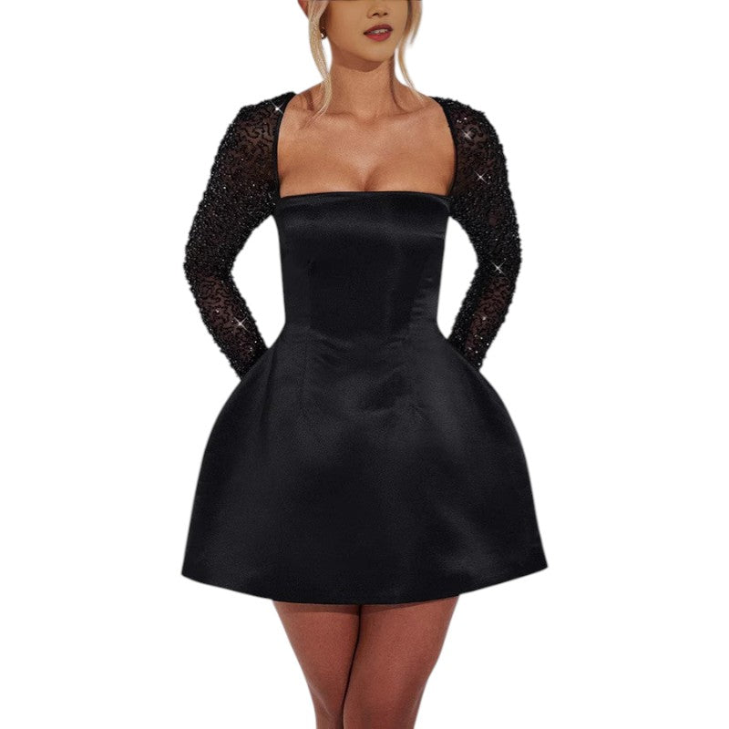 NOVA | Women’s Satin Mini Dress Square Neck Mesh Sleeves