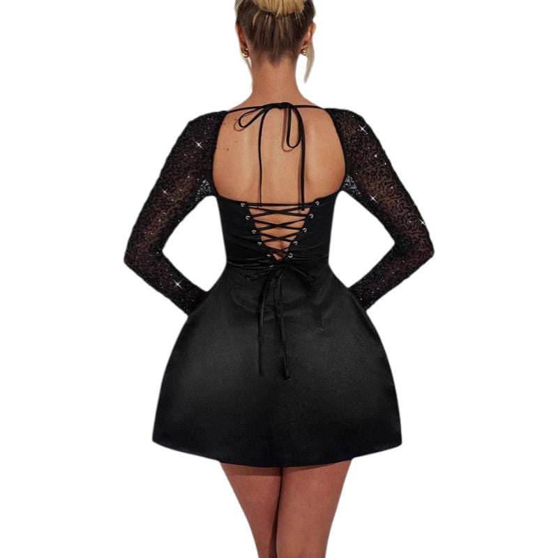 NOVA | Women’s Satin Mini Dress Square Neck Mesh Sleeves