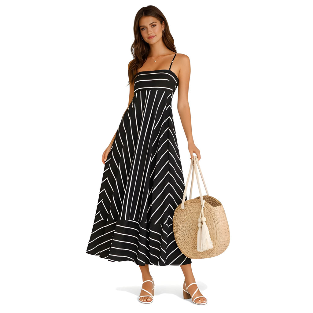 NOVA | Women’s Striped Maxi Dress – Strappy Flared Summer Dress, Holiday & Occasion Dress