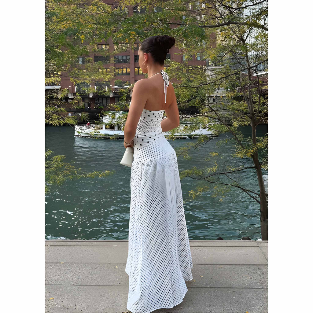 NOVA | Women’s White Polka Dot Halter Maxi Dress – Vintage Summer Party Dress