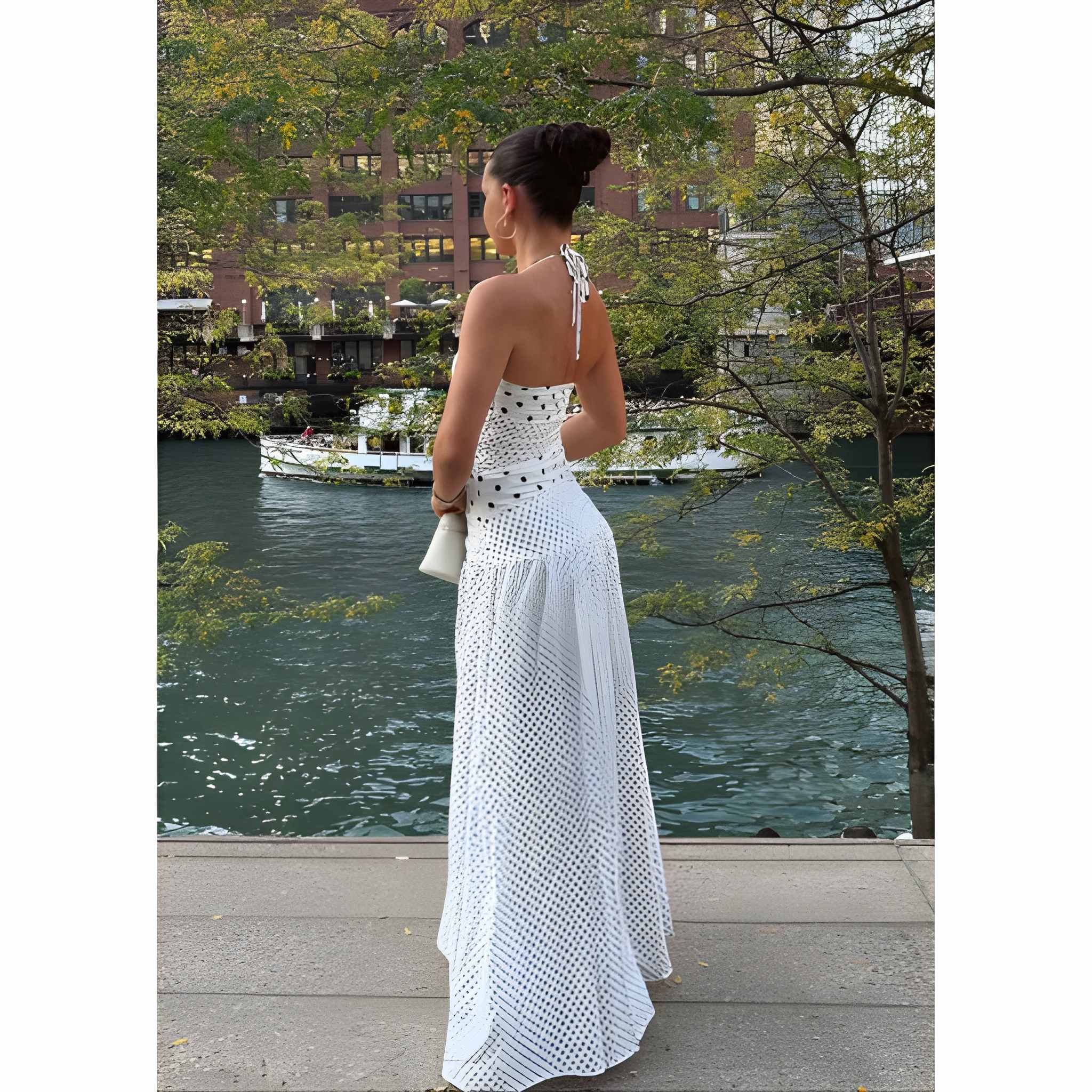 NOVA | Women’s White Polka Dot Halter Maxi Dress – Vintage Summer Party Dress