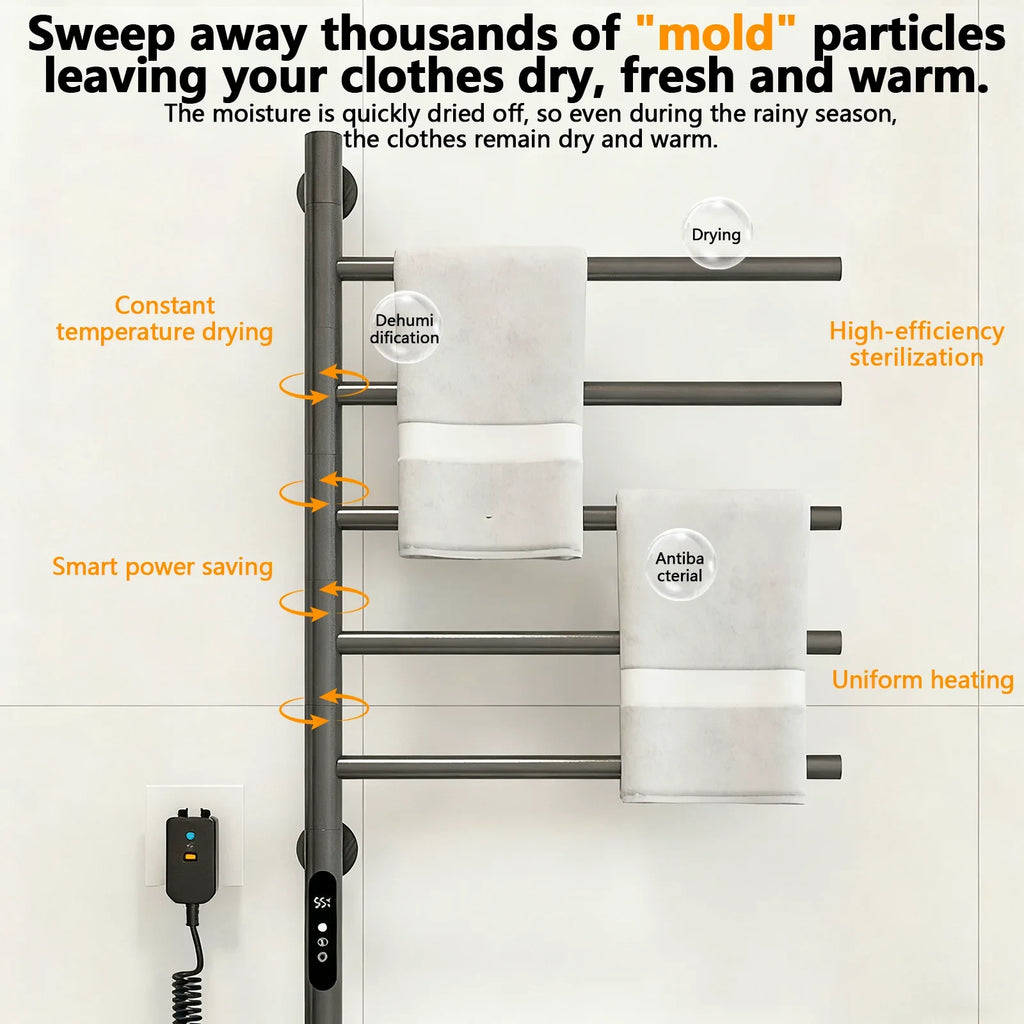 Electric Heated Towel Rack Wall Mounted Stainless Steel Fast Drying Heater With Digital Control - Image 4