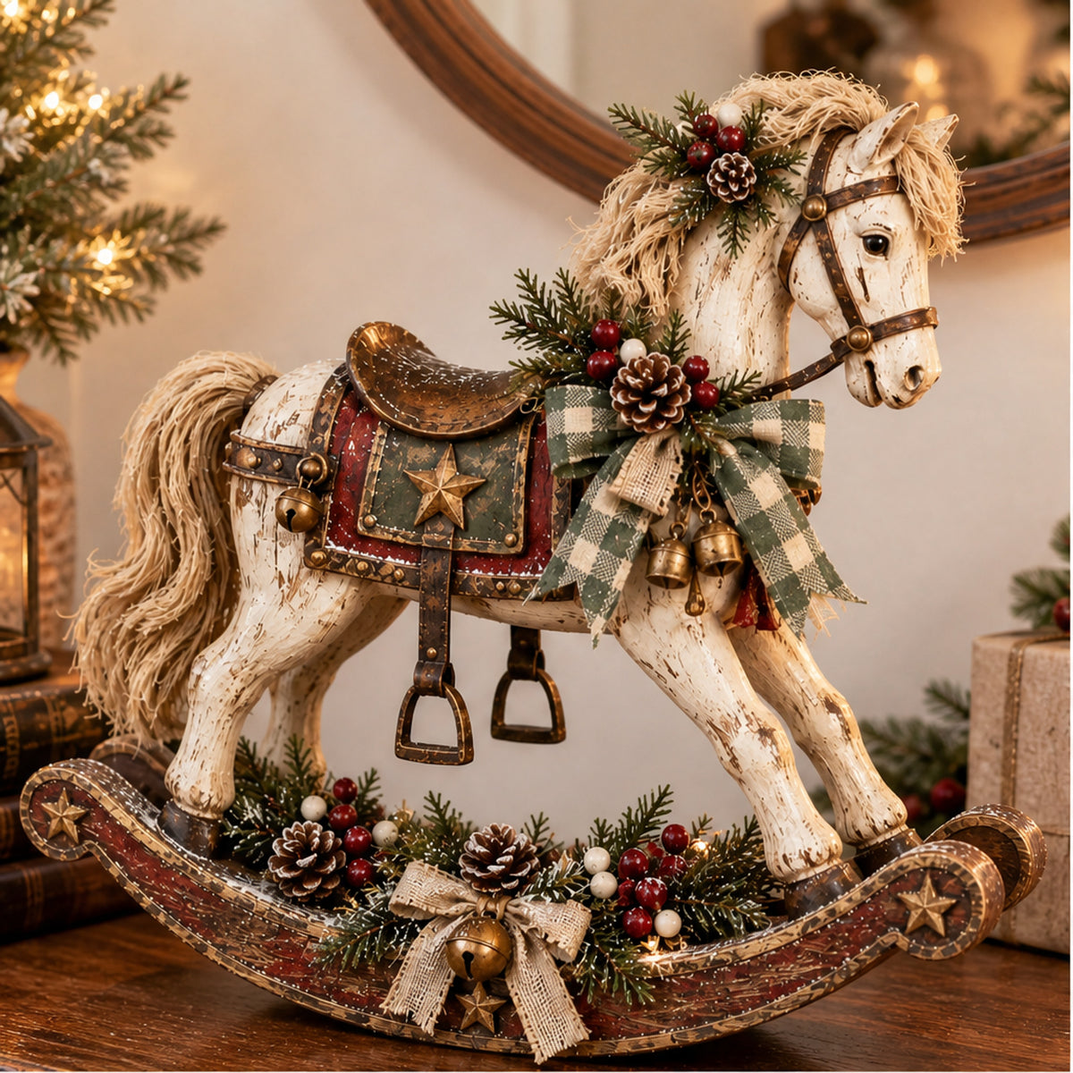 Farrowbrook Hand-Distressed Whitewash Rocking Horse Christmas Tabletop Decor - Image 3