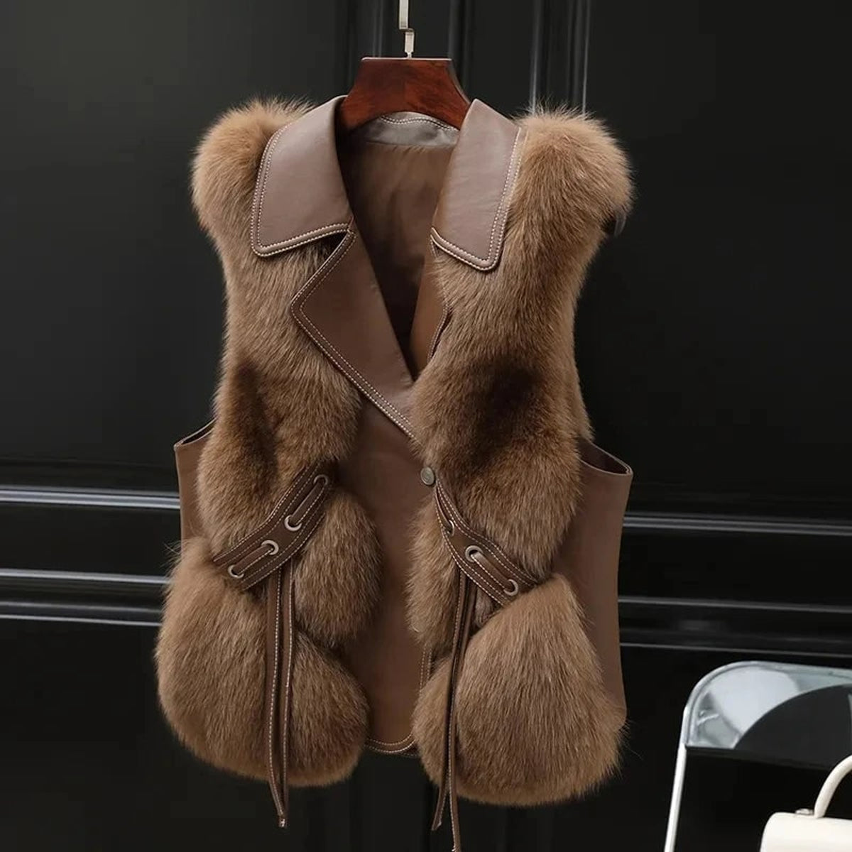Faux Fur Gilet with Adjustable Waist Ties and Oversized Lapel - Image 4