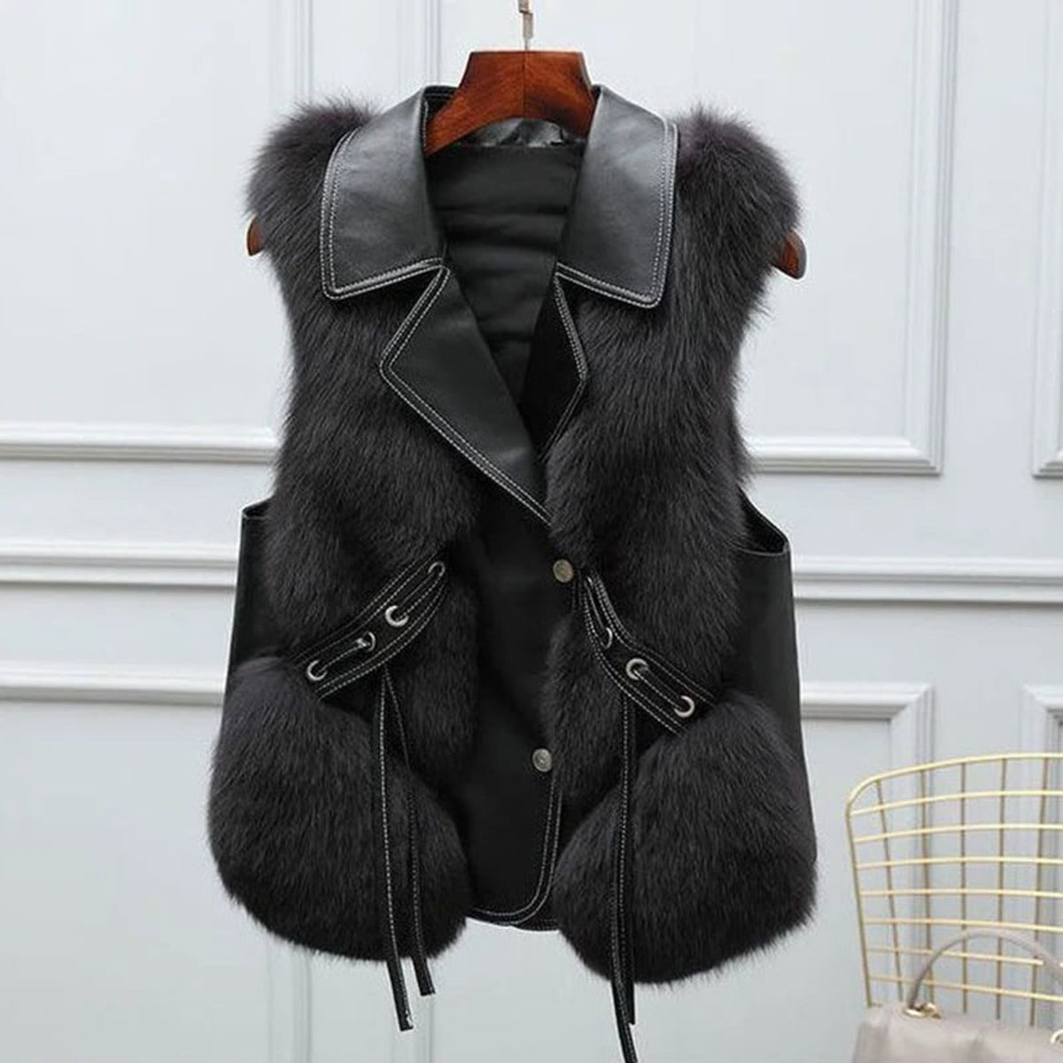 Faux Fur Gilet with Adjustable Waist Ties and Oversized Lapel - Image 8