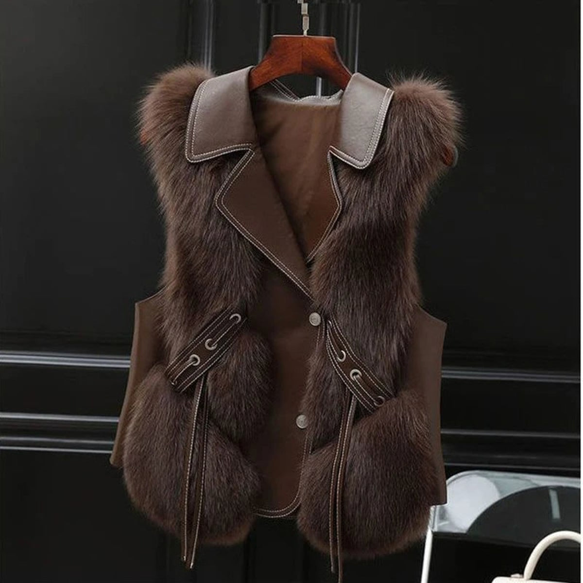 Faux Fur Gilet with Adjustable Waist Ties and Oversized Lapel - Image 6