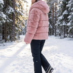 Faux Fur Puffer Jacket with Quilted Design and Ribbed Cuffs - in-use