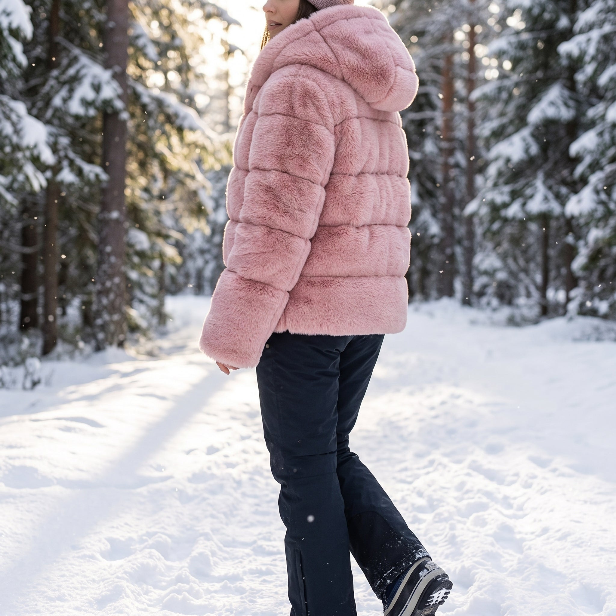 Faux Fur Puffer Jacket with Quilted Design and Ribbed Cuffs - in-use