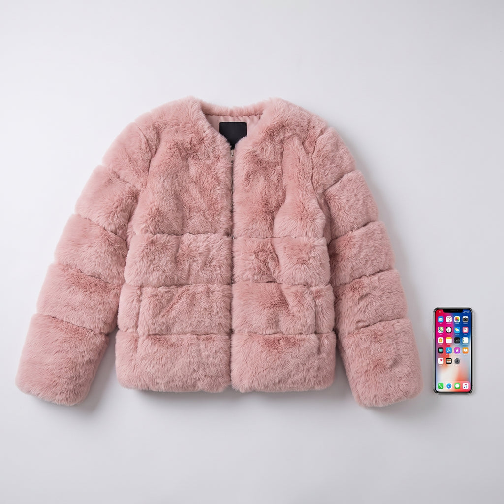 Faux Fur Puffer Jacket with Quilted Design and Ribbed Cuffs - scale