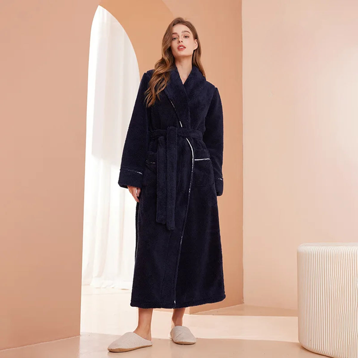 Flannel Bathrobe with Loose Fit and Long Sleeves - Image 11