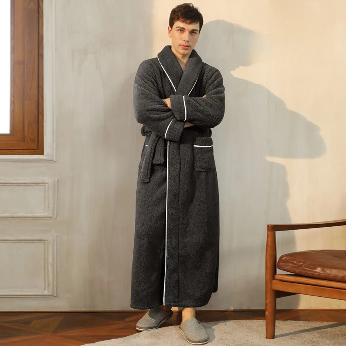 Flannel Bathrobe with Loose Fit and Long Sleeves - Image 16