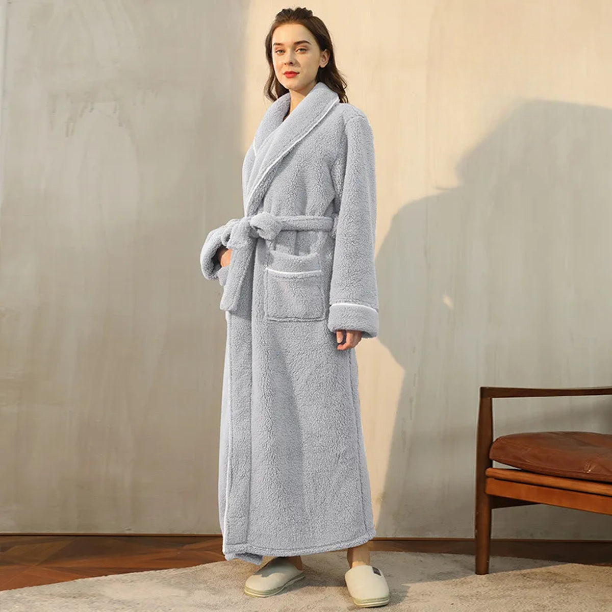 Flannel Bathrobe with Loose Fit and Long Sleeves - Image 17