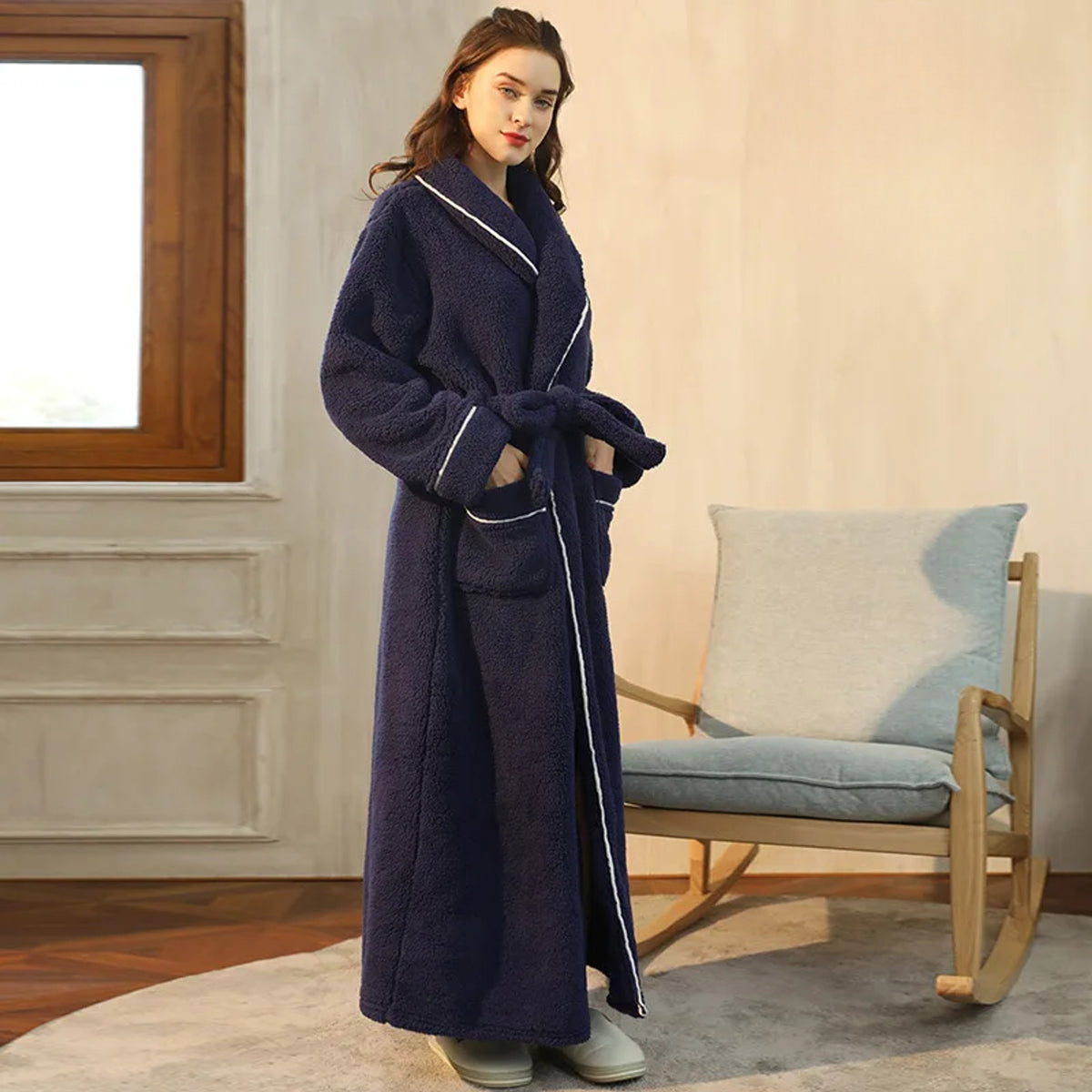 Flannel Bathrobe with Loose Fit and Long Sleeves - Image 19