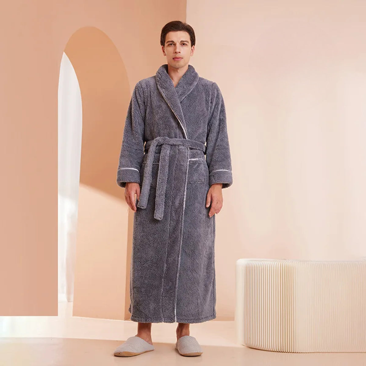 Flannel Bathrobe with Loose Fit and Long Sleeves - Image 20